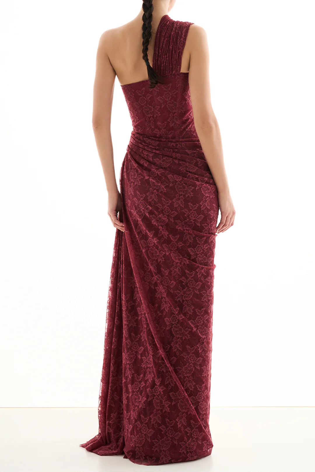 Vesper One Shoulder Foral Corset Lace Maxi Dress In Wine