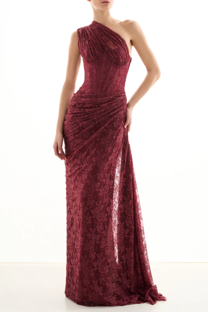 Vesper One Shoulder Foral Corset Lace Maxi Dress In Wine