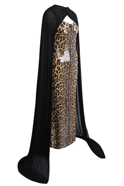 Leopard Sequin Caped Maxi Dress Set In Black