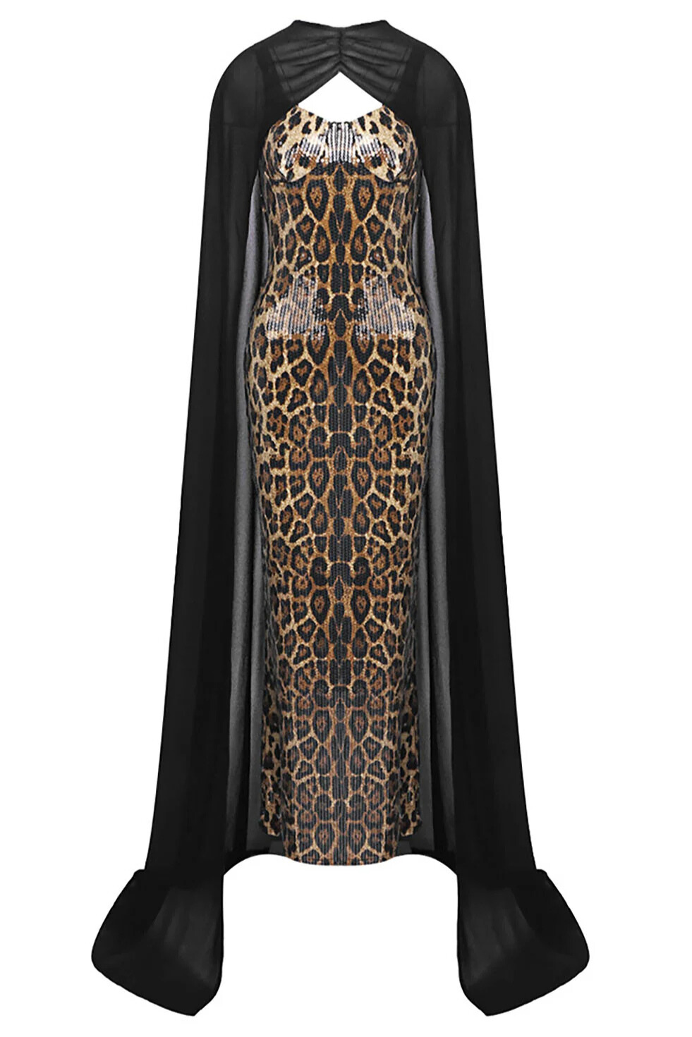 Leopard Sequin Caped Maxi Dress Set In Black