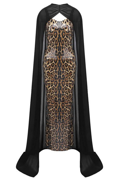 Leopard Sequin Caped Maxi Dress Set In Black
