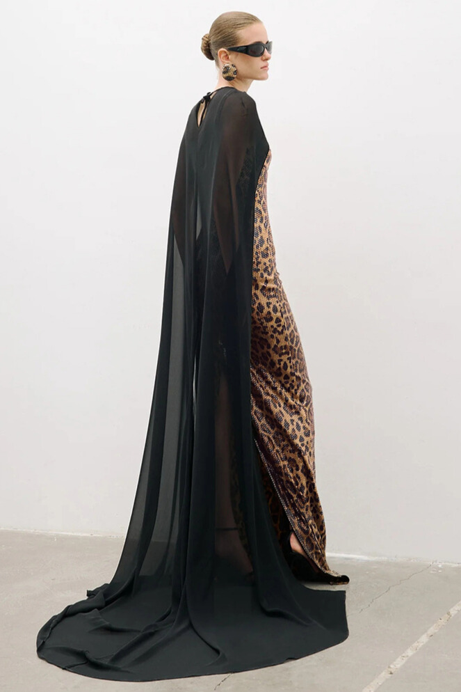 Leopard Sequin Caped Maxi Dress Set In Black