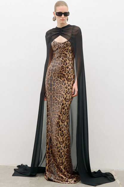 Leopard Sequin Caped Maxi Dress Set In Black