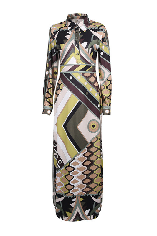Brandee Geo Print Button Up Maxi Dress