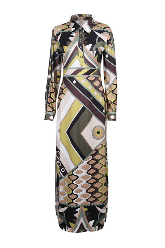 Brandee Geo Print Button Up Maxi Dress