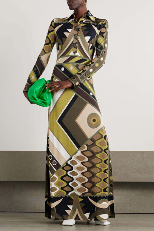 Brandee Geo Print Button Up Maxi Dress
