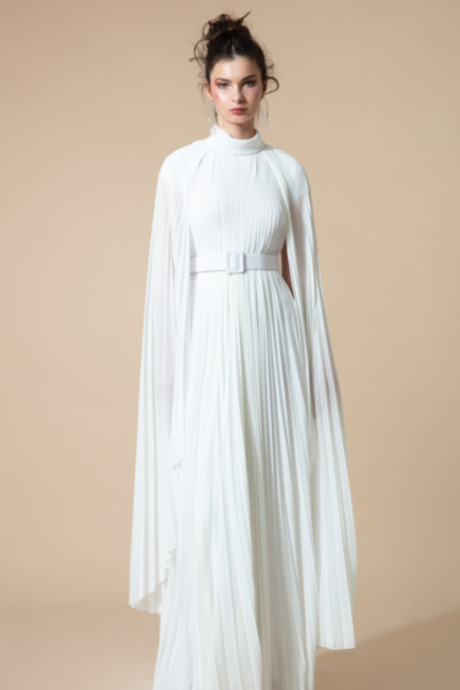 Noah Cape Sleeve Pleated Maxi Dress In White