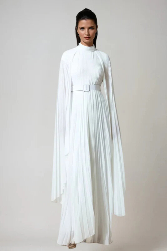 Noah Cape Sleeve Pleated Maxi Dress In White
