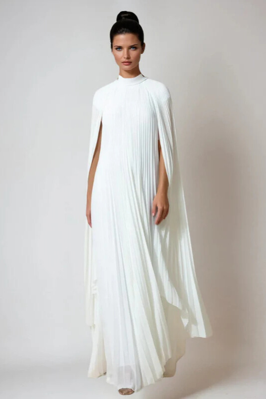 Noah Cape Sleeve Pleated Maxi Dress In White