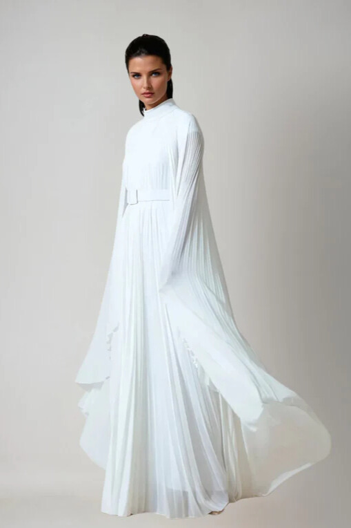 Noah Cape Sleeve Pleated Maxi Dress In White