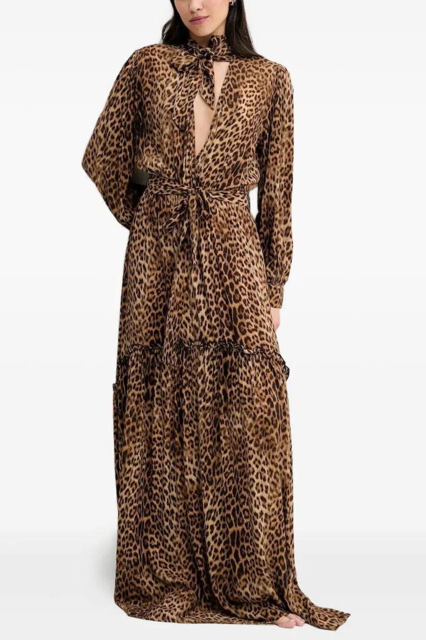 Renetta Plunge Neck Leopard Maxi Dress In Brown