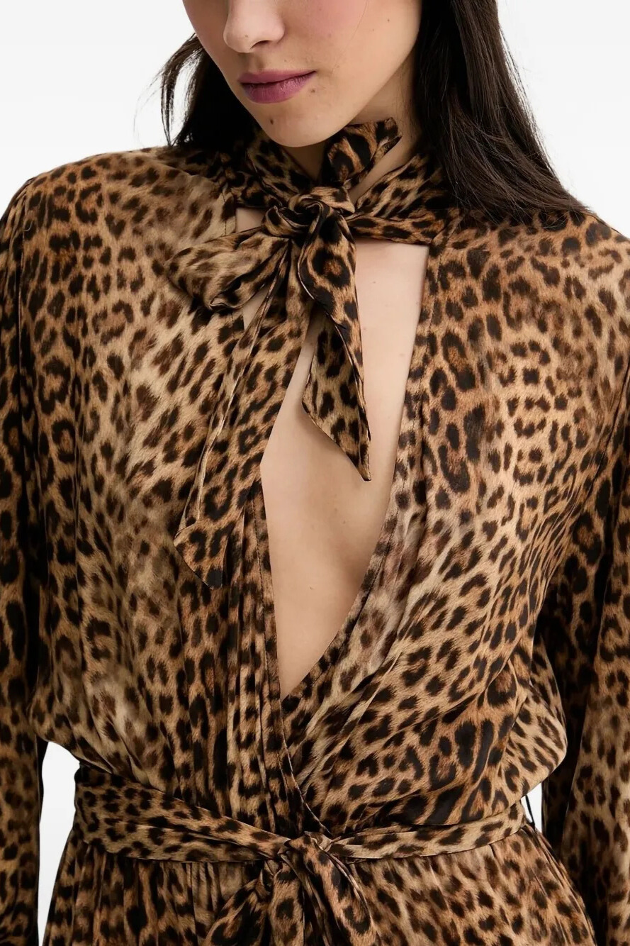 Renetta Plunge Neck Leopard Maxi Dress In Brown