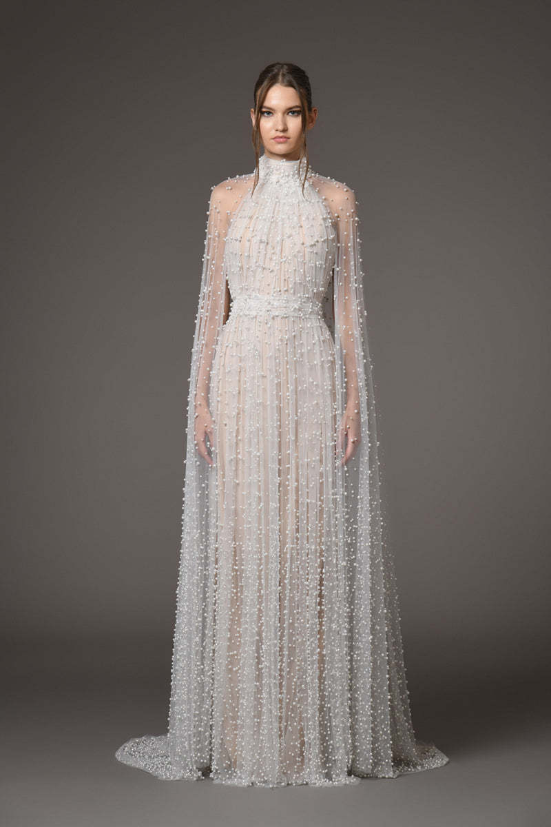 Leticia Cape Sleeve Embellished Maxi Dress In White