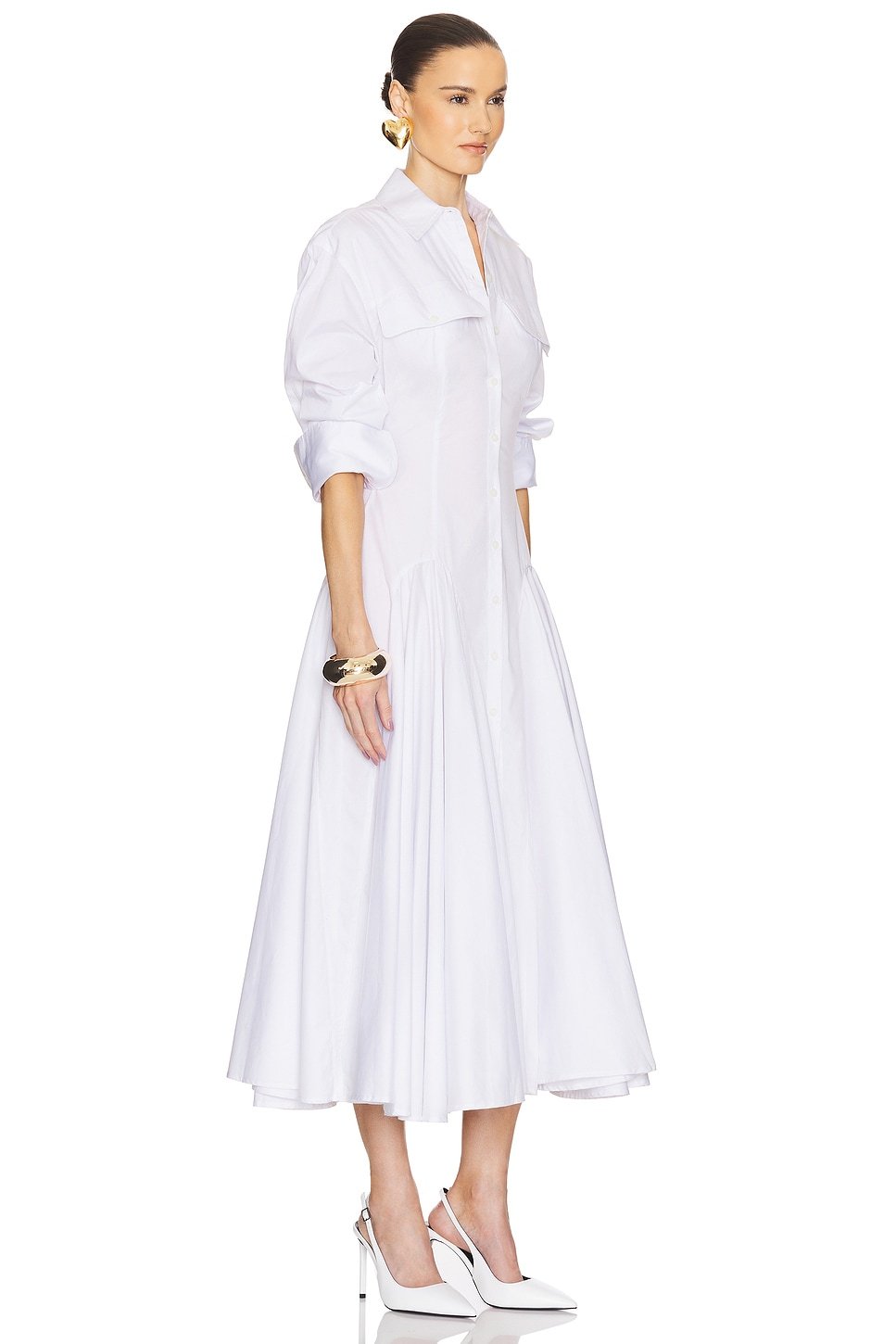 Tova Folded Collar Godet Flared Midi Dress In White