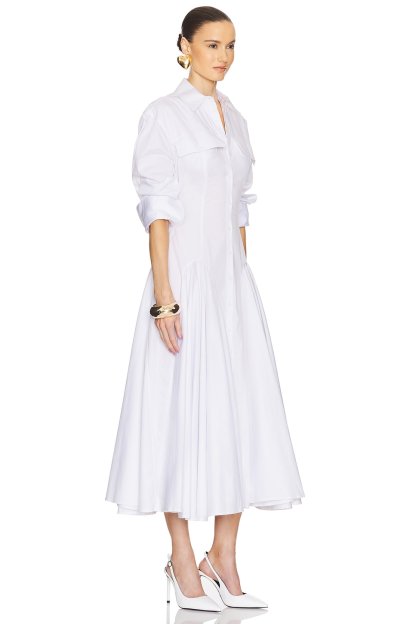 Tova Folded Collar Godet Flared Midi Dress In White