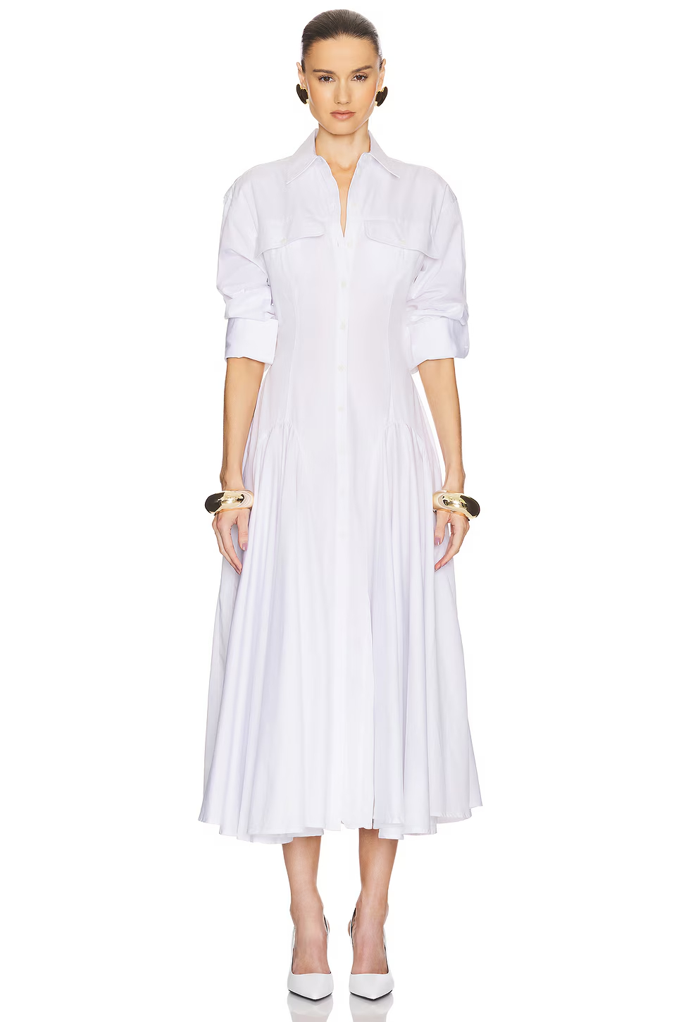 Tova Folded Collar Godet Flared Midi Dress In White