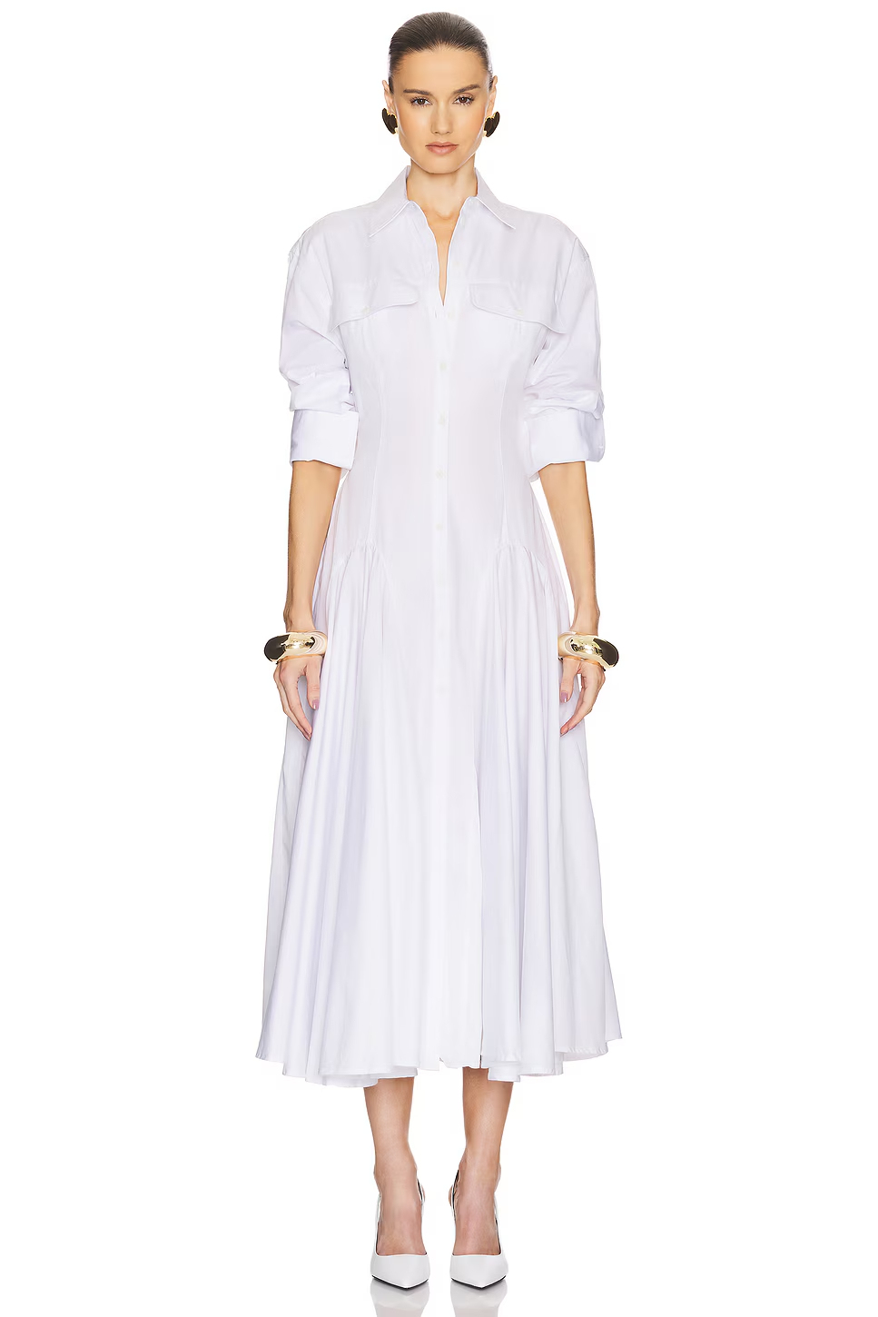 Tova Folded Collar Godet Flared Midi Dress In White