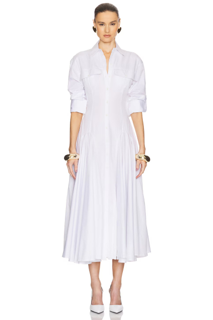 Tova Folded Collar Godet Flared Midi Dress In White