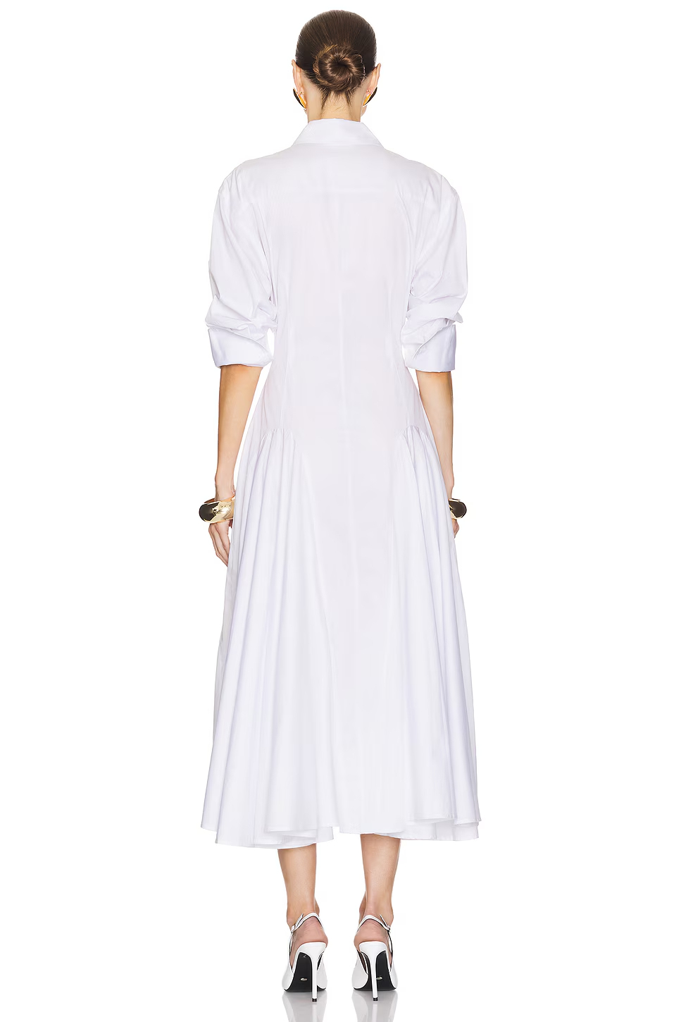 Tova Folded Collar Godet Flared Midi Dress In White