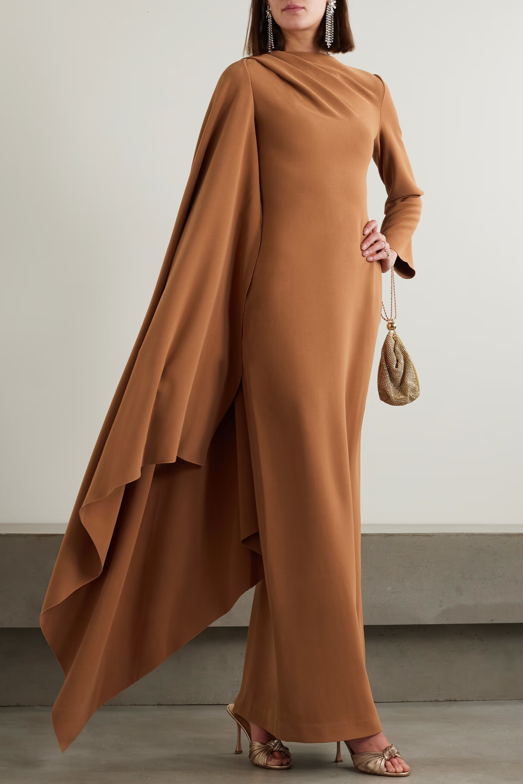 Jelia Asymmetric Draped Cape Sleeve Maxi Dress In Dark Mustard