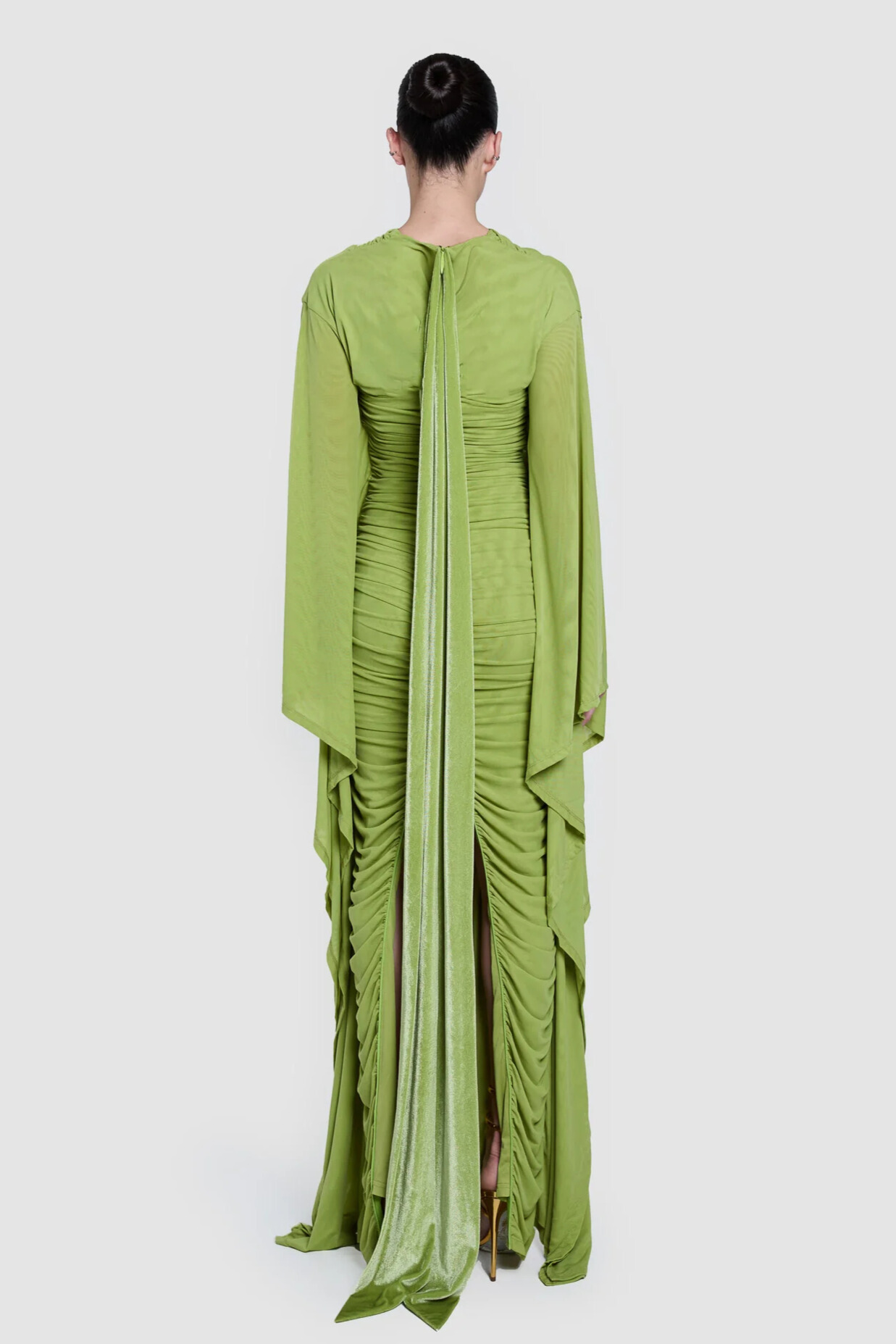 Nilaya Draped Cape Sleeve Ruched Maxi Dress In Green