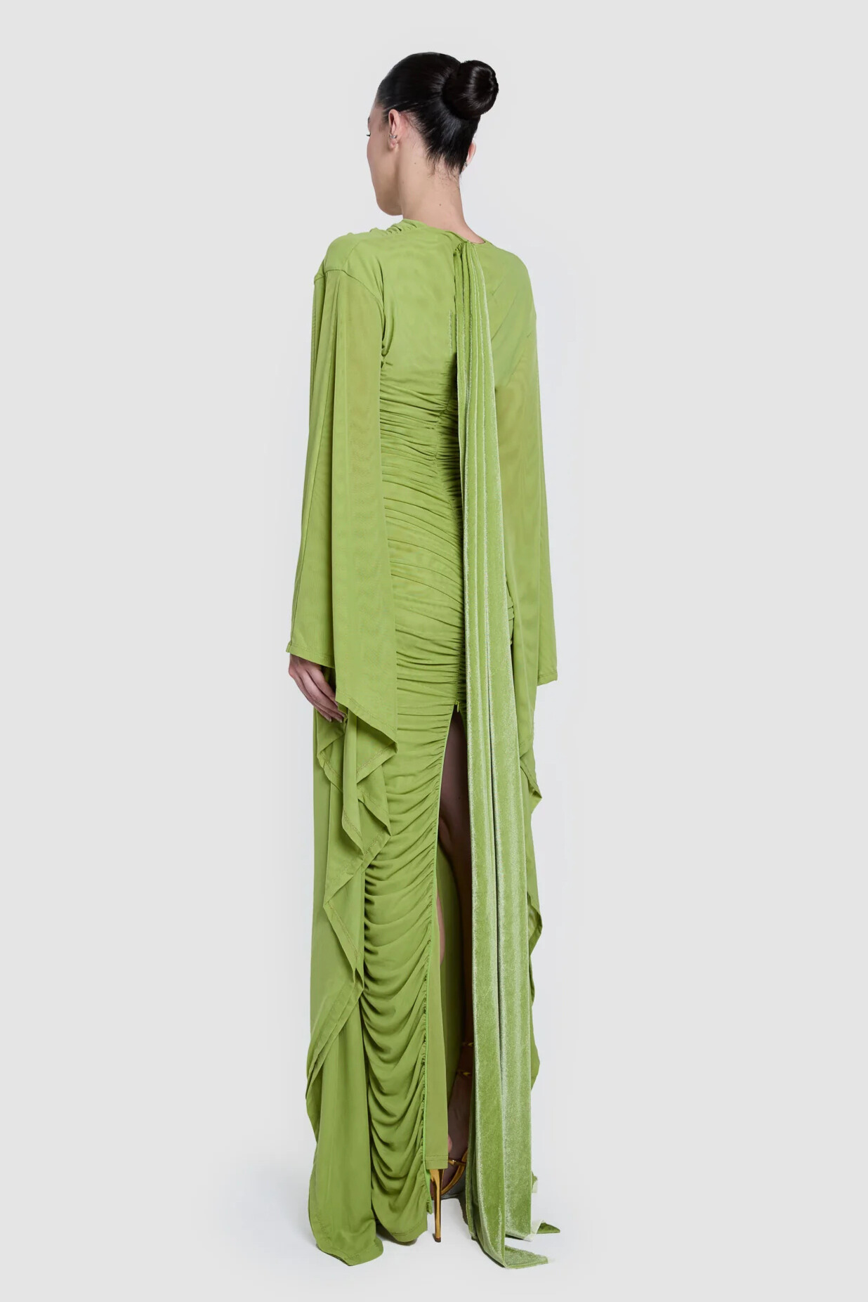 Nilaya Draped Cape Sleeve Ruched Maxi Dress In Green