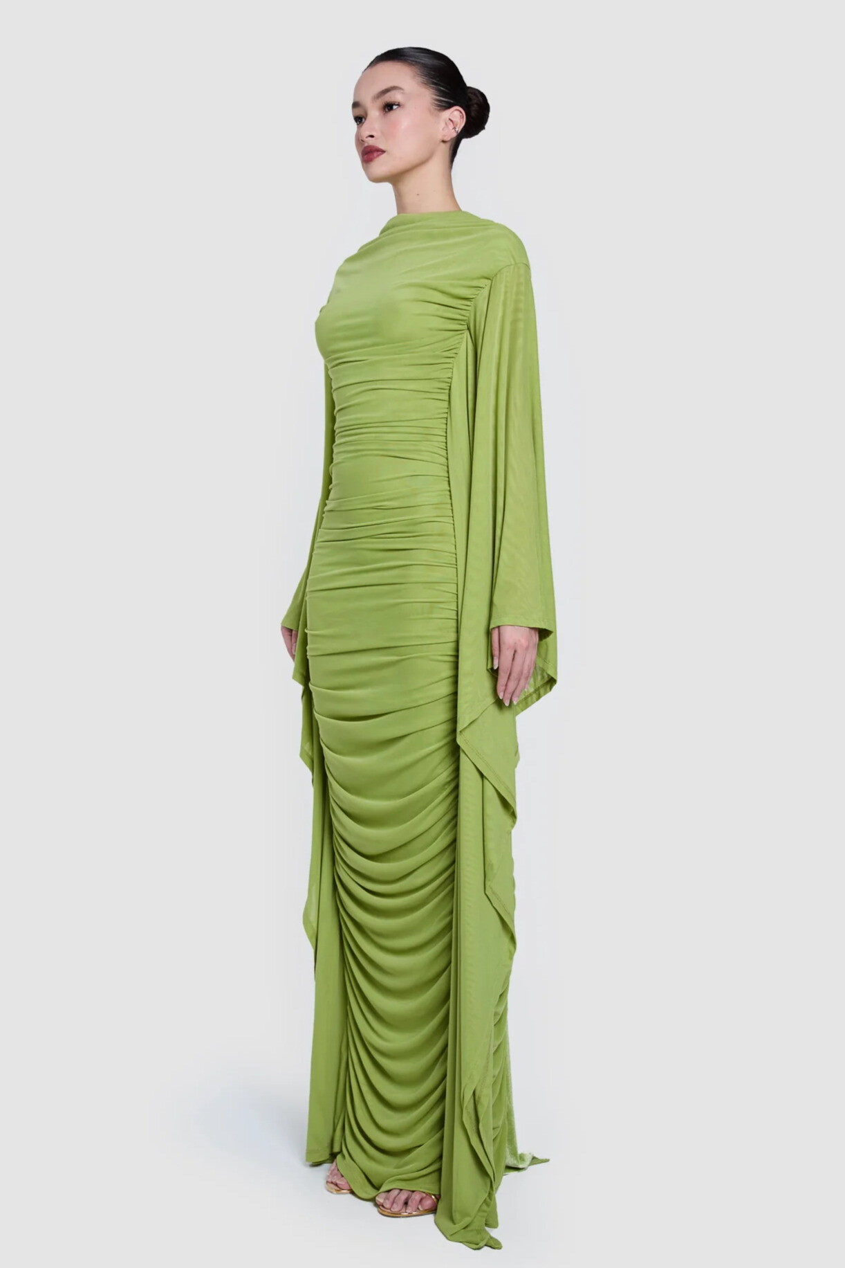 Nilaya Draped Cape Sleeve Ruched Maxi Dress In Green