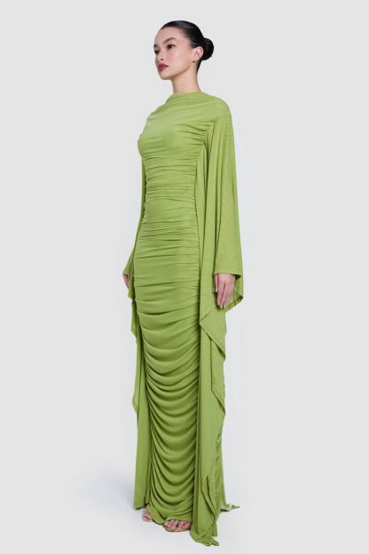 Nilaya Draped Cape Sleeve Ruched Maxi Dress In Green