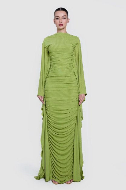 Nilaya Draped Cape Sleeve Ruched Maxi Dress In Green