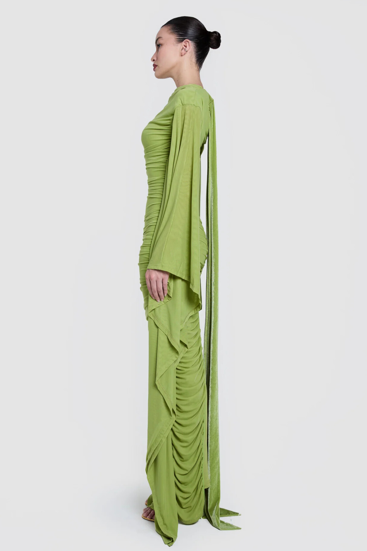 Nilaya Draped Cape Sleeve Ruched Maxi Dress In Green