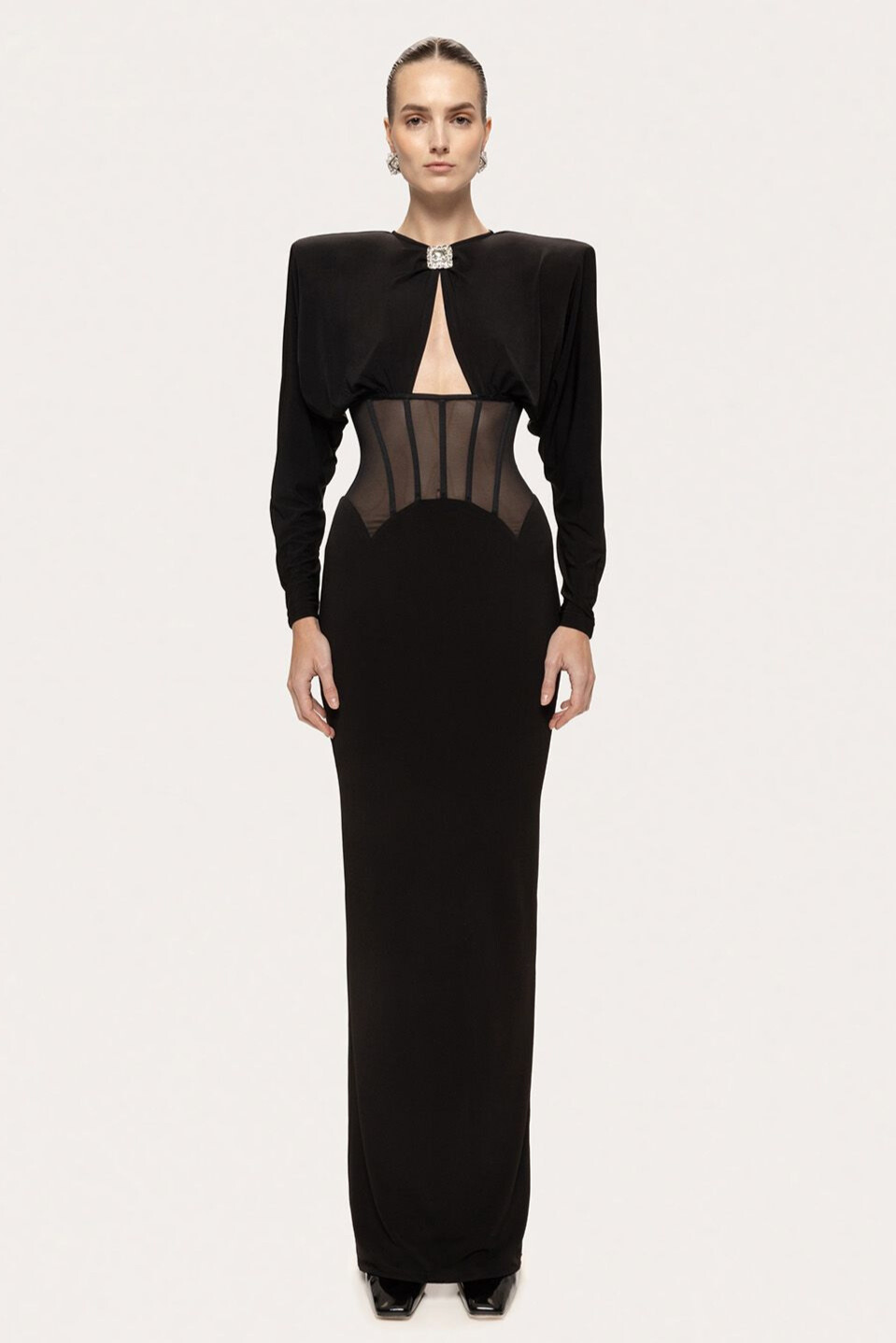 Sabrina Cutout Corset Split Maxi Dress In Black