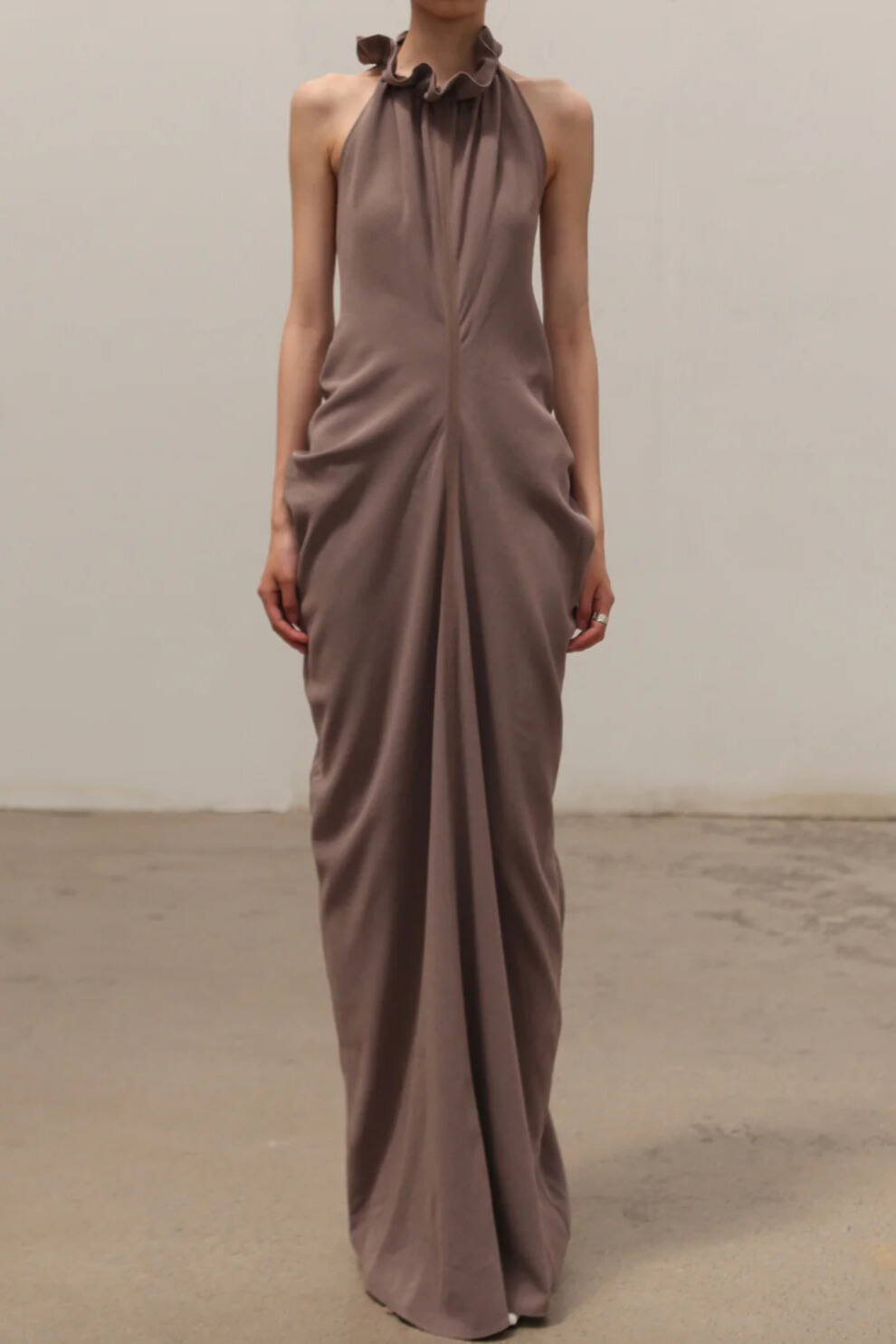 Elise Ruffled Halterneck Draped Maxi Dress In Khaki Purple