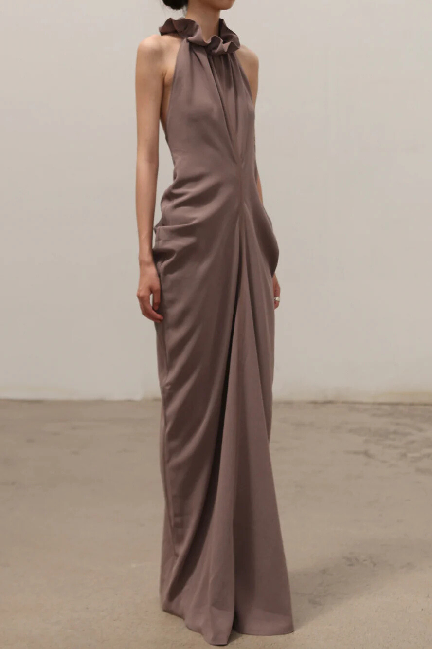 Elise Ruffled Halterneck Draped Maxi Dress In Khaki Purple