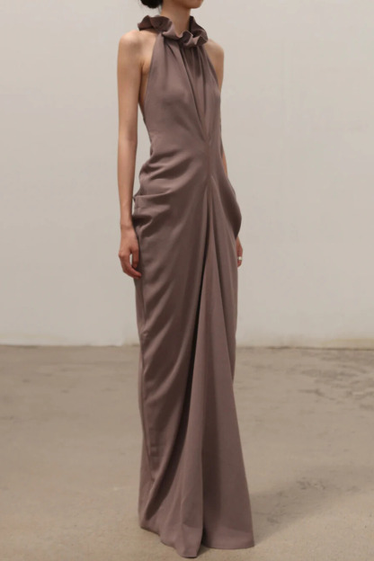 Elise Ruffled Halterneck Draped Maxi Dress In Khaki Purple