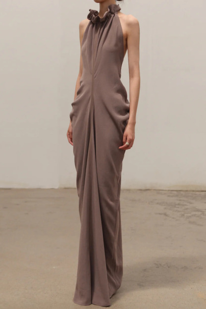 Elise Ruffled Halterneck Draped Maxi Dress In Khaki Purple