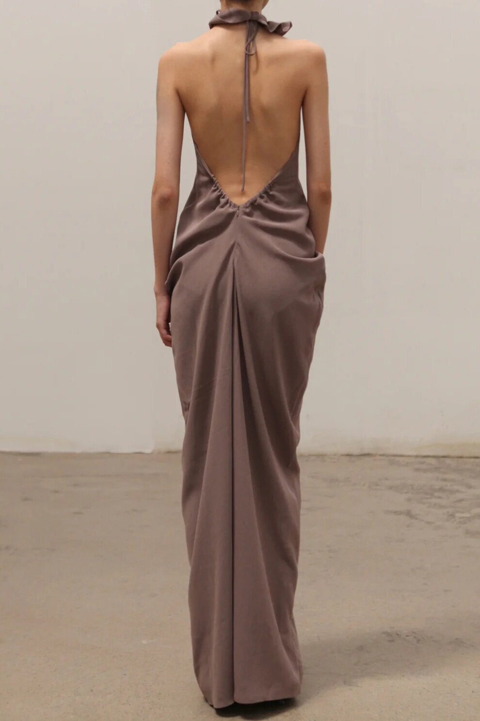 Elise Ruffled Halterneck Draped Maxi Dress In Khaki Purple