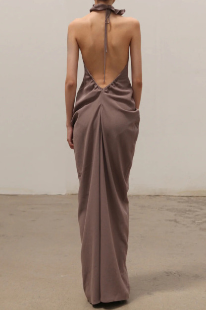 Elise Ruffled Halterneck Draped Maxi Dress In Khaki Purple
