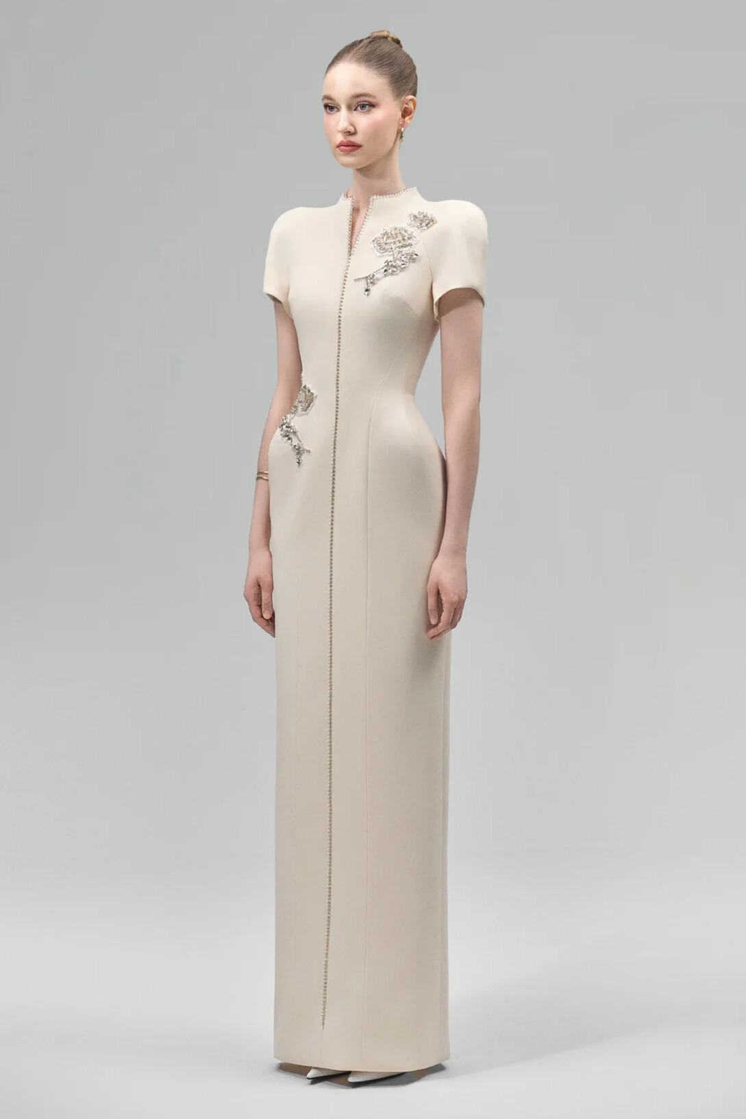 Celeste V Neck Rhinestone Flower Midi Dress In Apricot