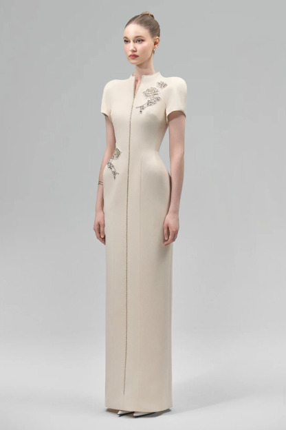 Celeste V Neck Rhinestone Flower Midi Dress In Apricot