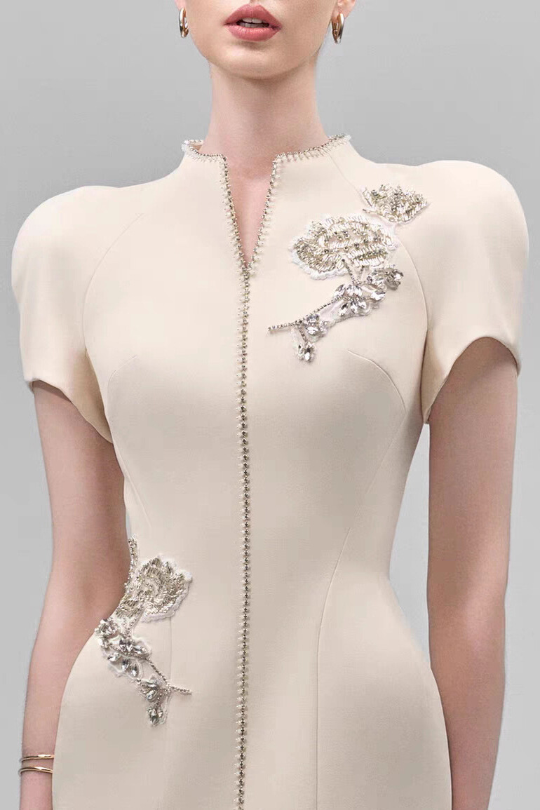 Celeste V Neck Rhinestone Flower Midi Dress In Apricot