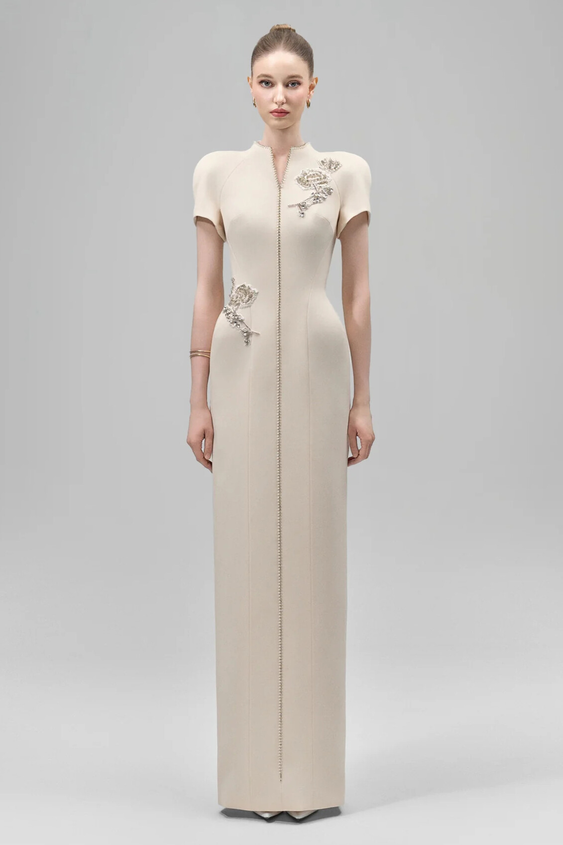 Celeste V Neck Rhinestone Flower Midi Dress In Apricot