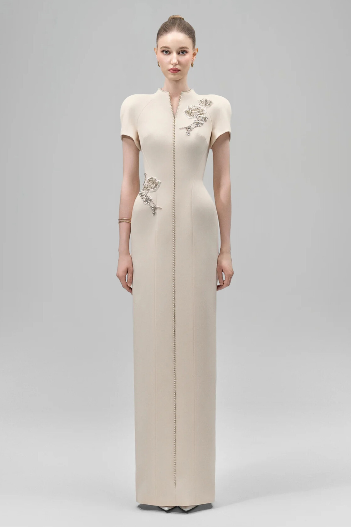 Celeste V Neck Rhinestone Flower Midi Dress In Apricot