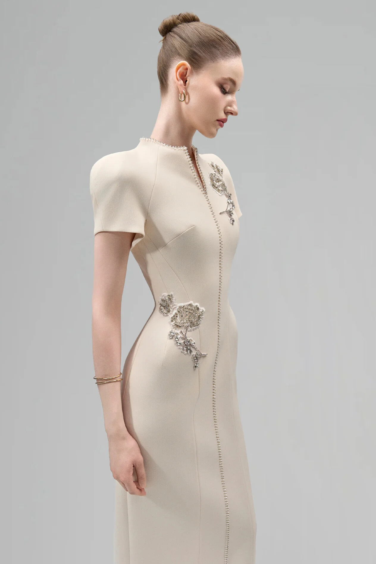 Celeste V Neck Rhinestone Flower Midi Dress In Apricot