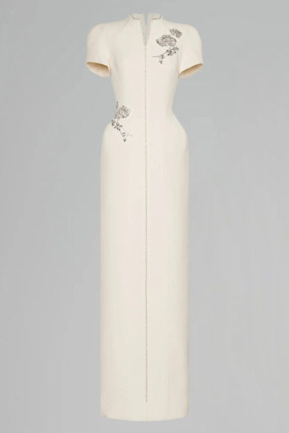 Celeste V Neck Rhinestone Flower Midi Dress In Apricot