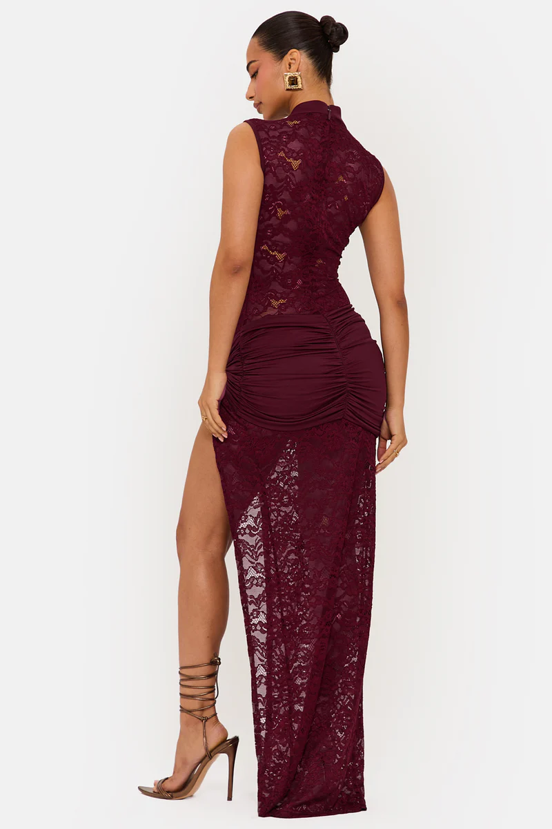 Isadora Sleeveless Lace Split Maxi Dress In Wine