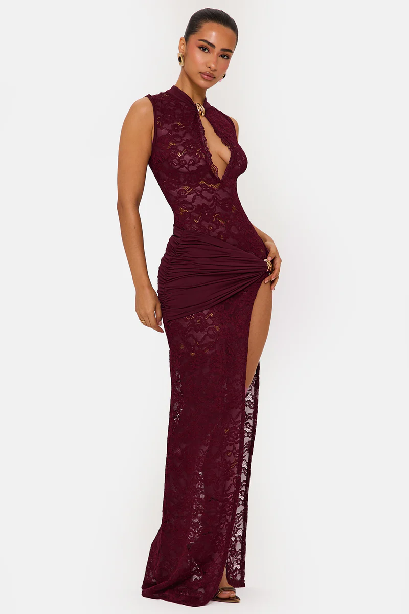 Isadora Sleeveless Lace Split Maxi Dress In Wine