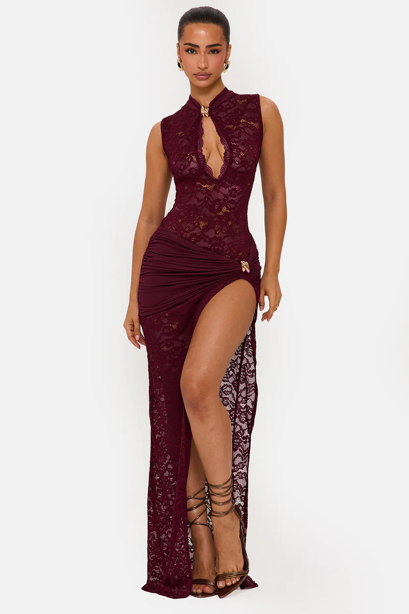 Isadora Sleeveless Lace Split Maxi Dress In Wine