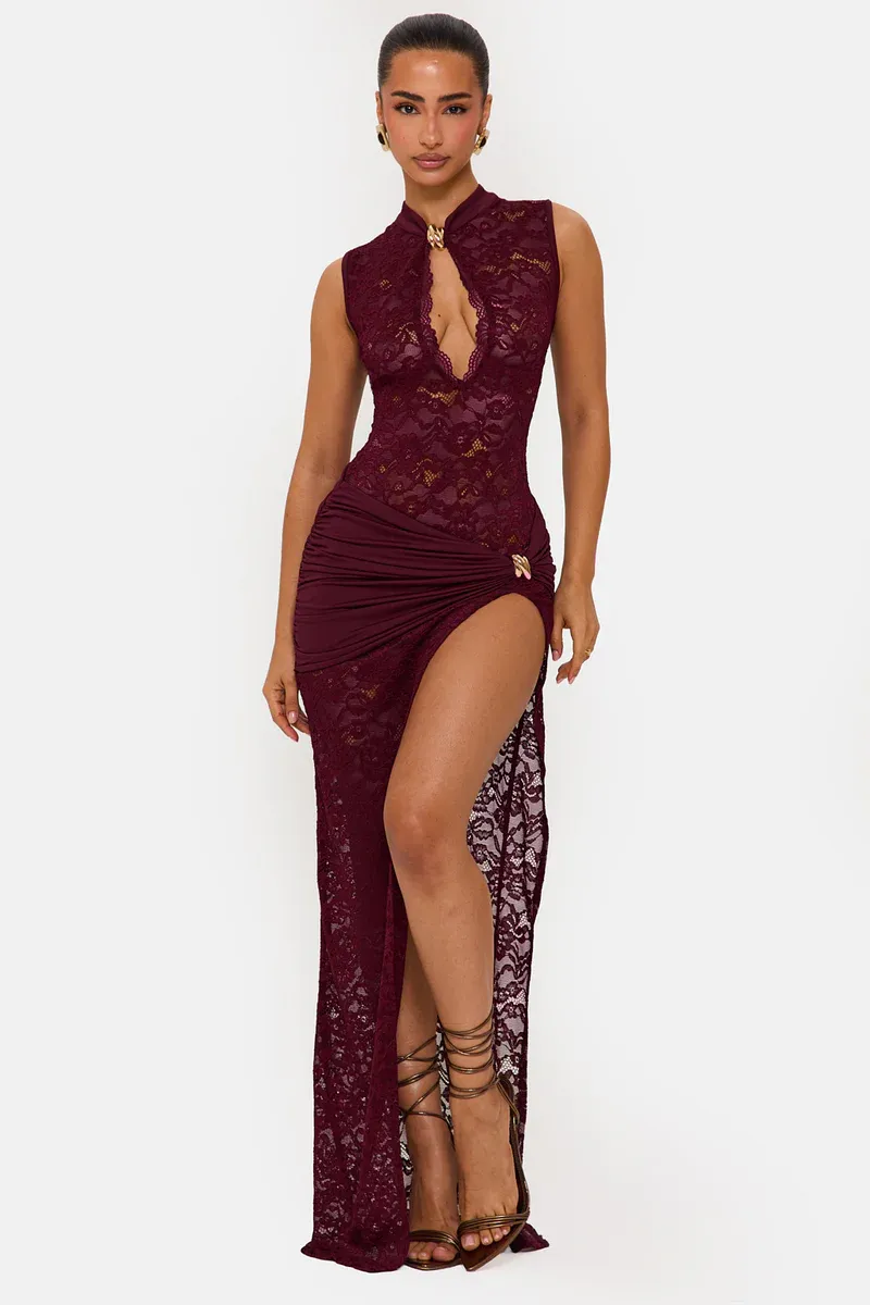 Isadora Sleeveless Lace Split Maxi Dress In Wine
