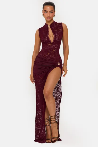 Isadora Sleeveless Lace Split Maxi Dress In Wine