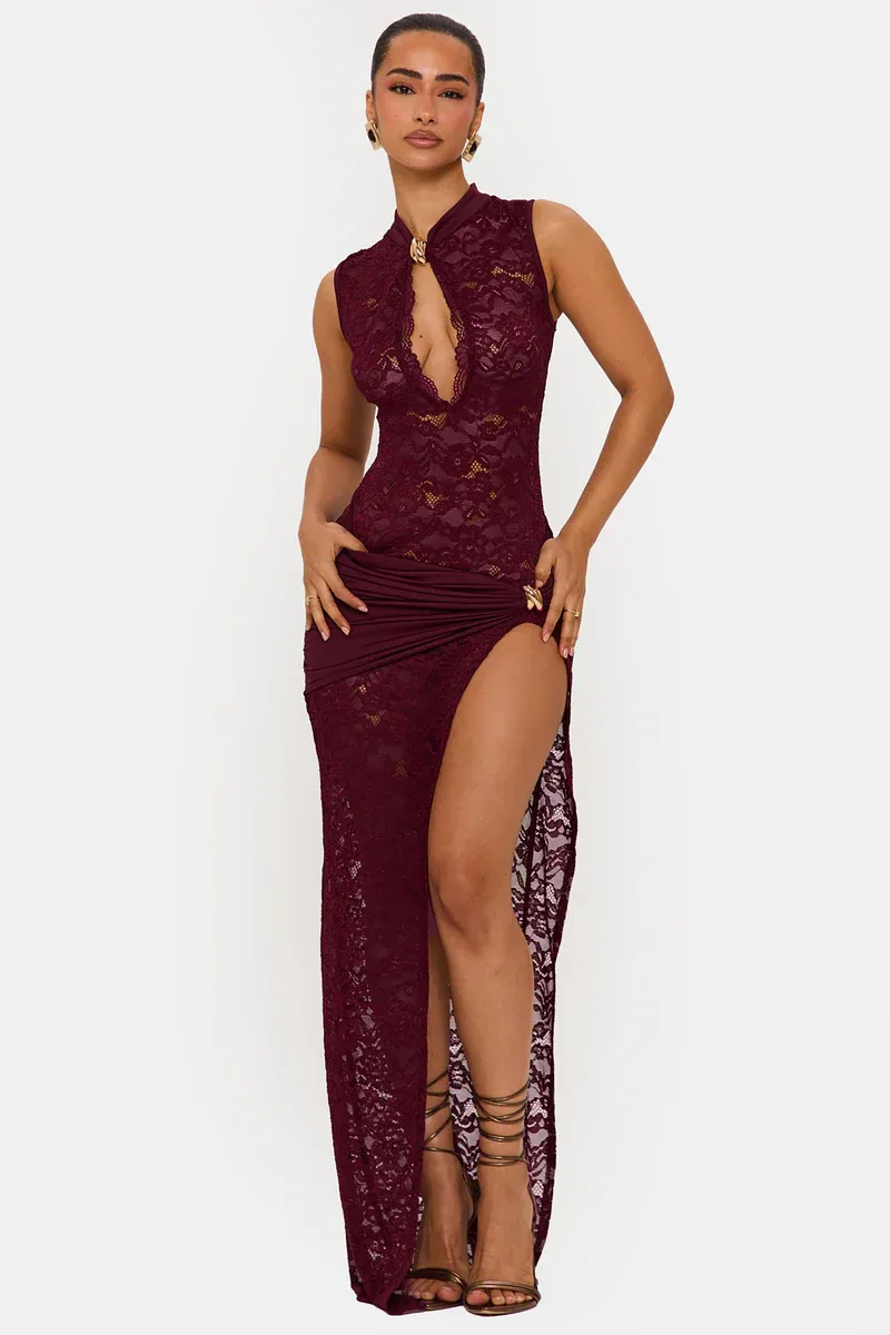 Isadora Sleeveless Lace Split Maxi Dress In Wine